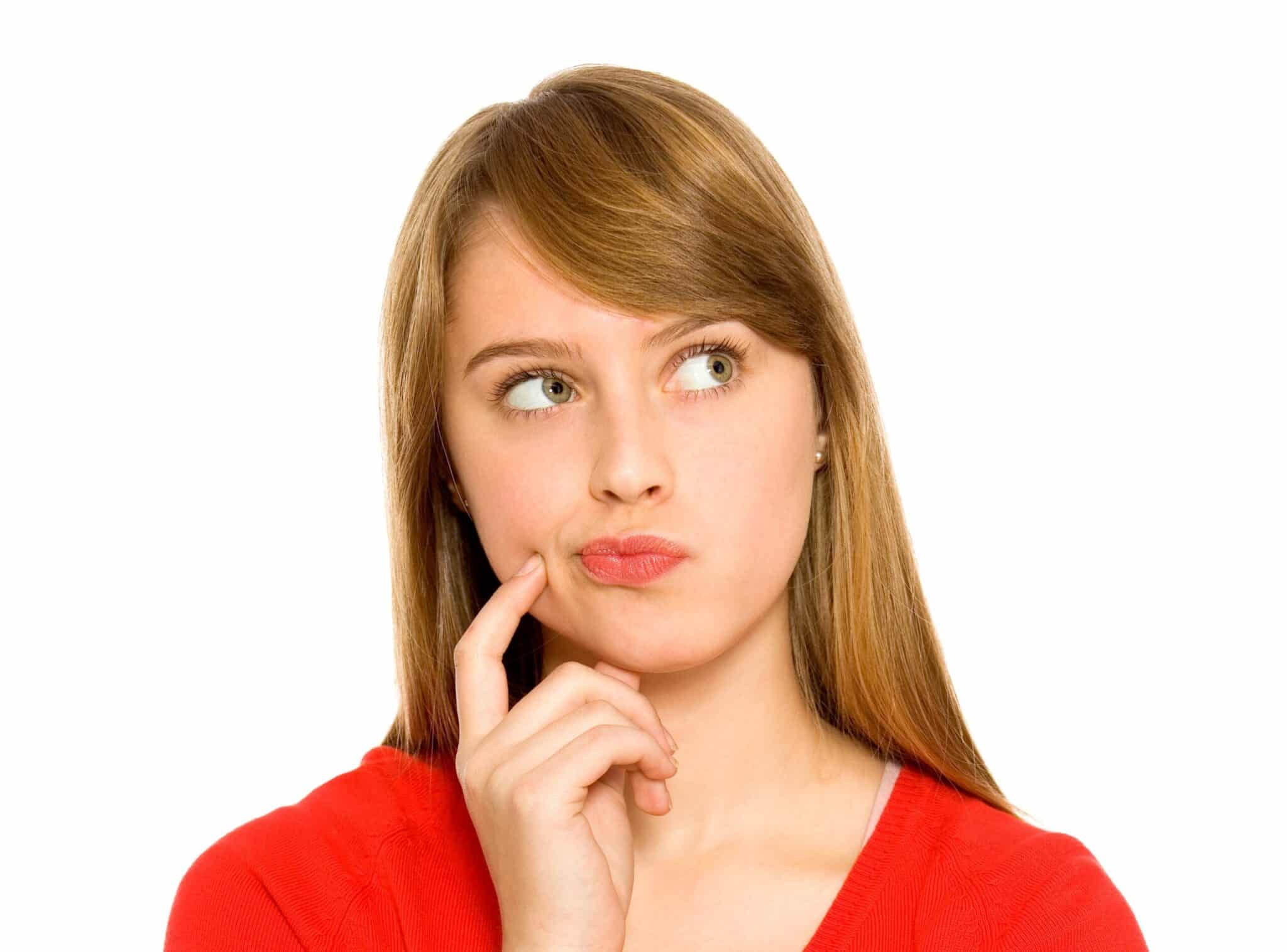 The image of a woman Thinking about Expansion Tanks with white background.